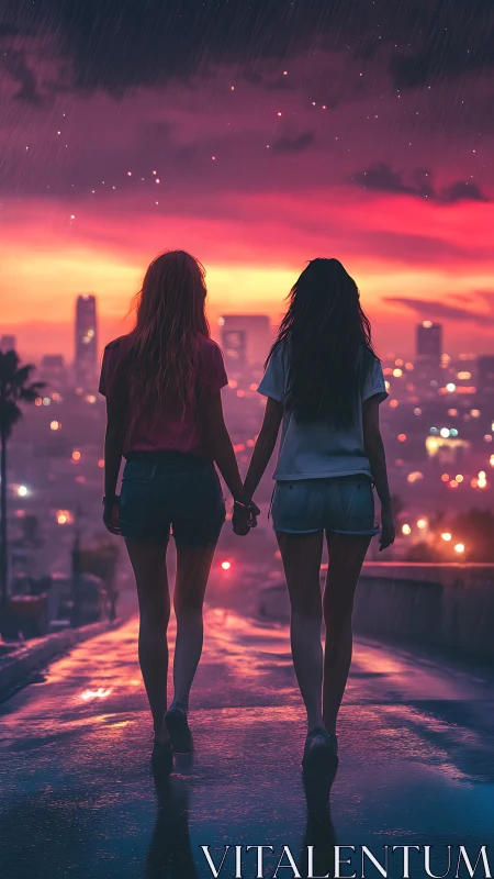 Sunset city walk with two friends holding hands in rain.