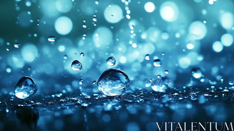 Glistening raindrop ballet on a glowing blue evening street.