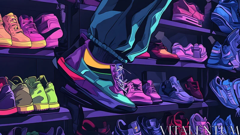 Neon sneaker wall where bold color and street style meet.