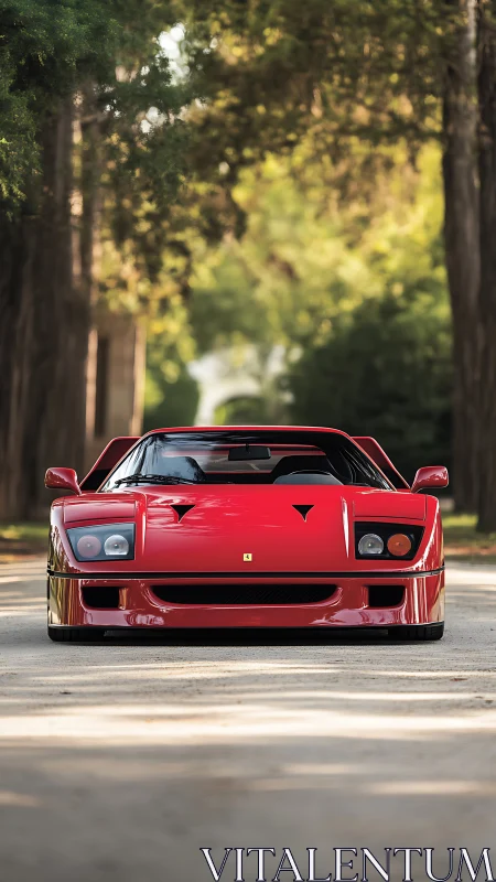 Red supercar stands poised beneath sunlit forest canopy.