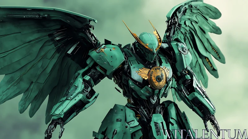 Emerald winged mecha warrior hovers against misted sky