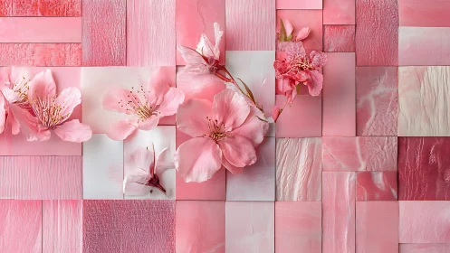 Macro cherry blossoms on textured pink panel mosaic background