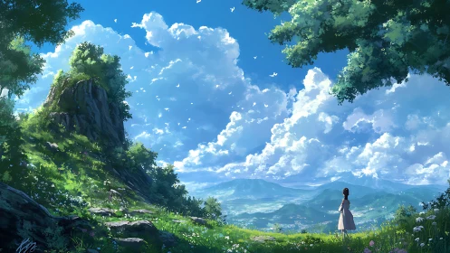 Expansive valley vista observed beneath towering cumulus clouds