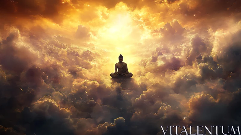 Serene meditating figure glowing softly among golden clouds.