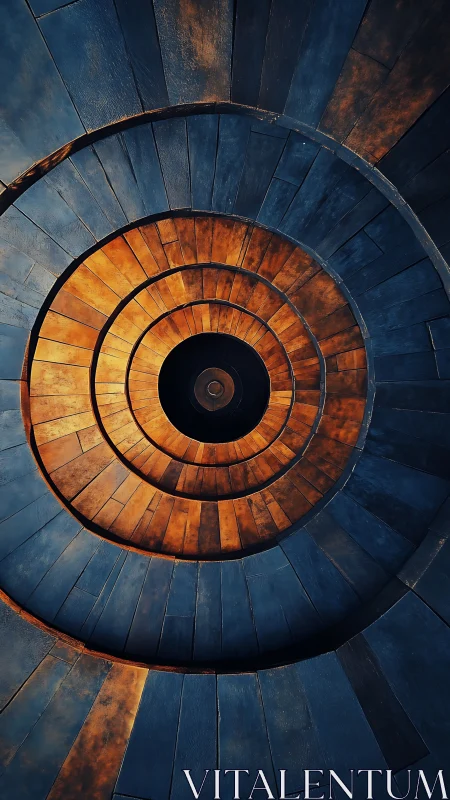 Spiral staircase abstraction in blue and amber tones.