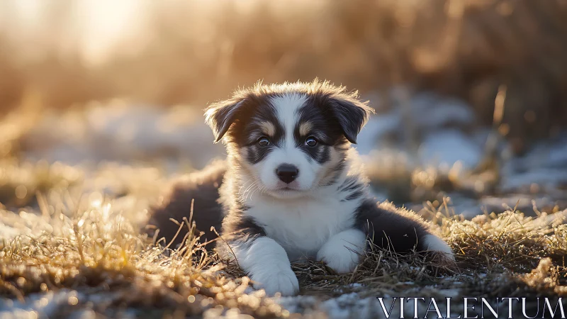 Backlit puppy portrait captures golden hour field atmosphere