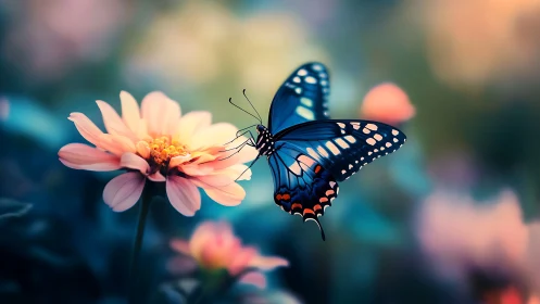 Blue butterfly resting on soft pink flower in garden.