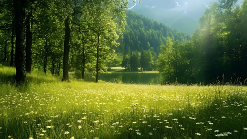 Sunlit alpine meadow with wildflowers beside forest lake.
