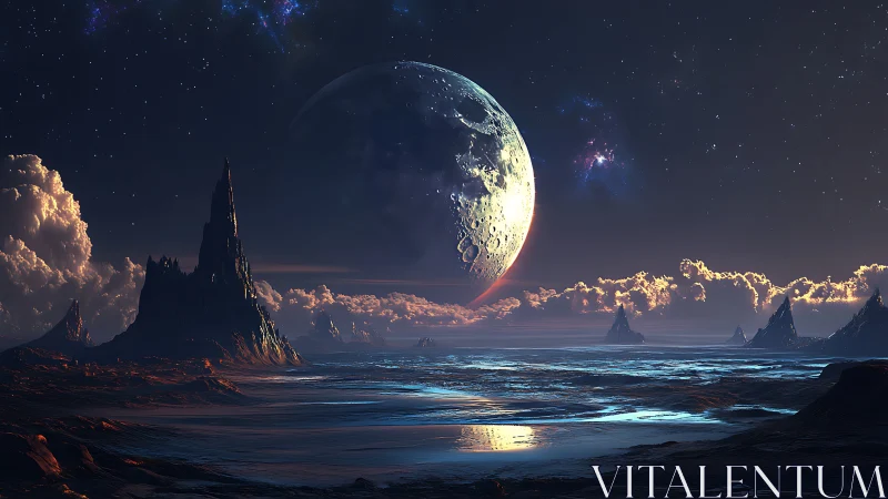Alien coastline under giant moon and distant nebulae.