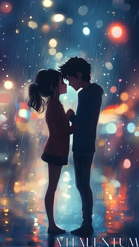 Rainy Night Romance: Silhouetted Couple Embracing in Bokeh.