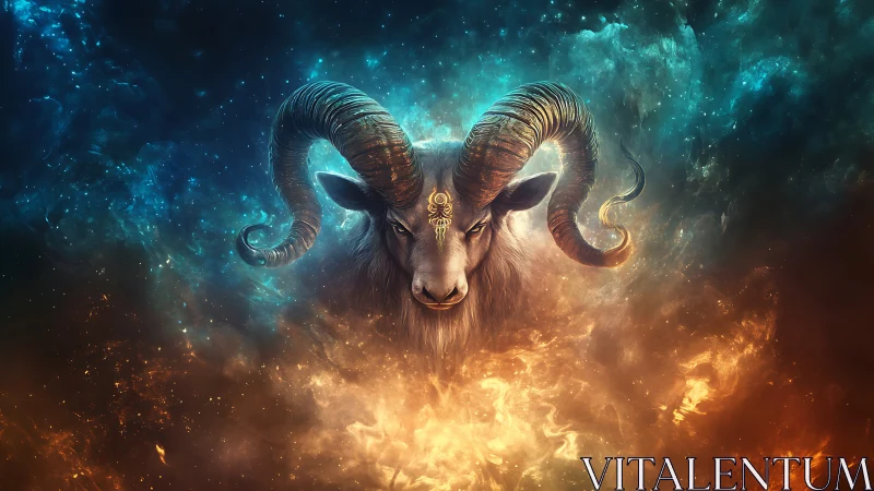 Mythic ram deity emerges amid cosmic fire and nebulae.