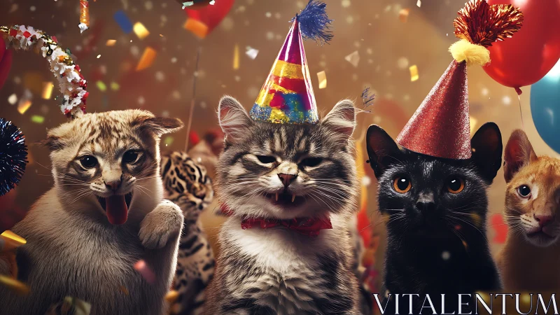 Multi-species feline celebration ensemble with procedurally-rendered party props.