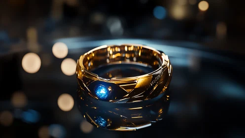 Golden ring with blue gemstone rests on reflective dark surface