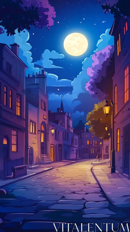 Moonlit cobblestone street with residential buildings at night.
