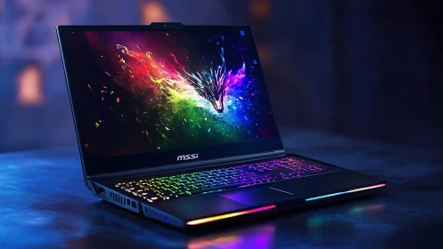 RGB gaming laptop in neon studio, three-quarter oblique view.