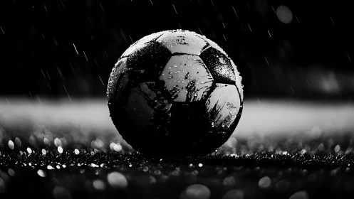 Monochrome football under rain captures dramatic surface detail