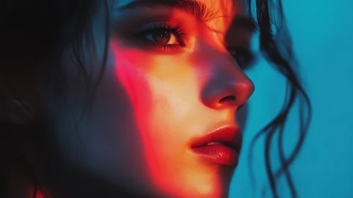 Chromatic side portrait in neon cyan and warm orange light.