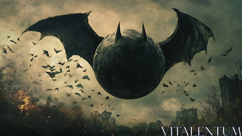Spherical bat entity dominates nocturnal sky over ruins