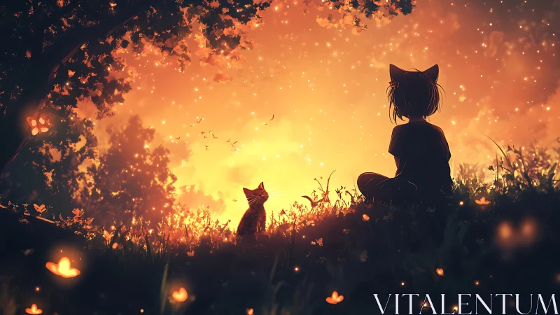 Silhouetted girl and cat in glowing dusk meadow scene.