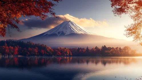 Gentle autumn sunrise embracing a peaceful snow peak.