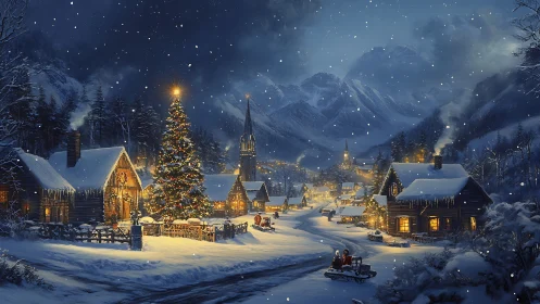 Snowlit alpine village glows under towering winter peaks.