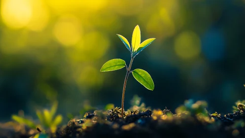 Young green seedling glows against warm sunrise bokeh light