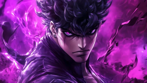 Male anime figure is rendered with violet energy aura