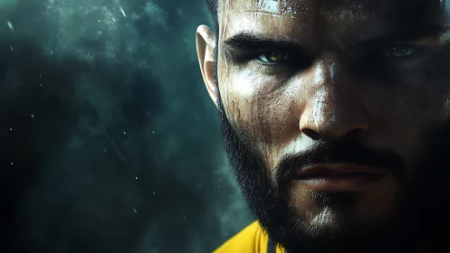 Battle-worn bearded fighter stares forward under storm haze