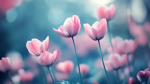 Soft pink blossoms reach gently into a dreamy blue light