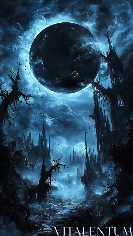 Eclipsed abyss above a haunted spire-torn wasteland.