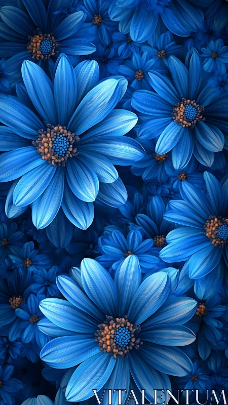 Blue daisies bloom in lush cluster with detailed petals and warm centers.