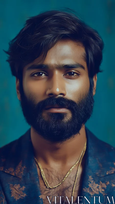 Portrait of bearded man in teal studio with warm lighting.