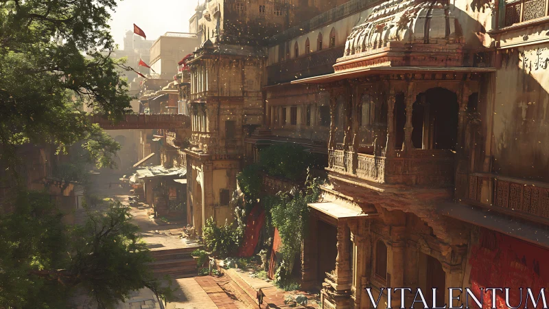 Sunlit historic alley with ornate sandstone balconies and volumetric dust