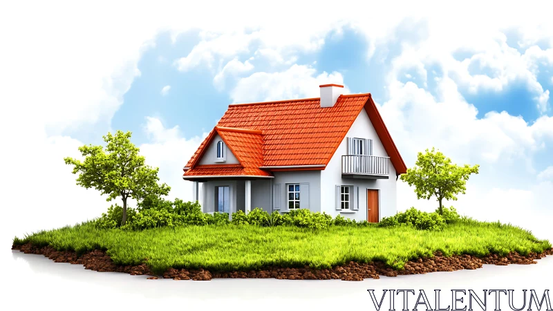Compact red roof house on grassy plot under clouds.