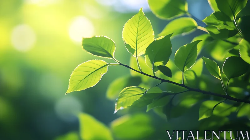 Sunlit Green Leaves Close-Up with Soft Bokeh Background.