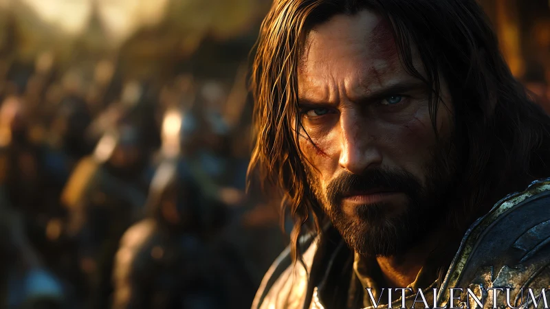 Weathered warrior’s resolve before the clash of destiny.