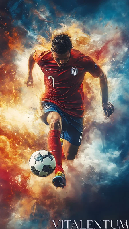 Soccer player in red jersey kicks ball through fire and smoke