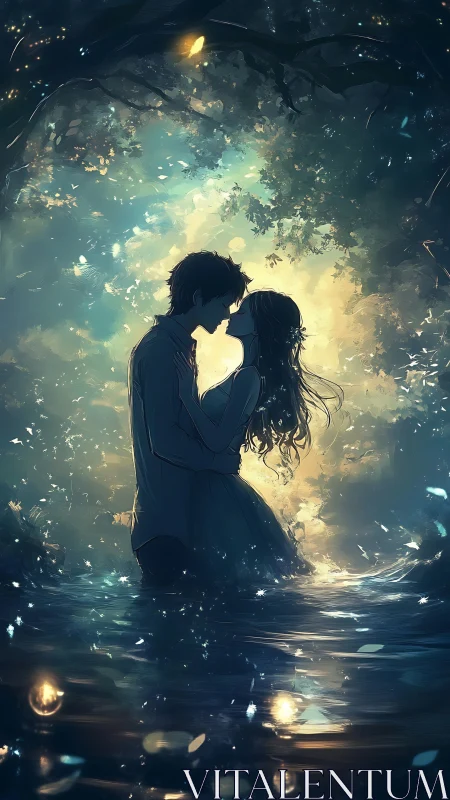 Silhouetted couple in luminous water embracing beneath glowing sky.