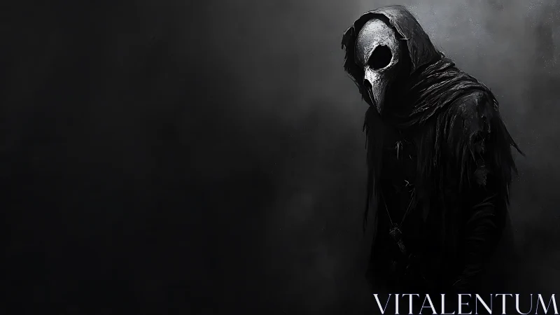 Mysterious hooded figure in a haunting, misty darkness.