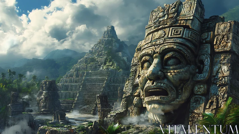 Ancient jungle temples with giant weathered stone face.