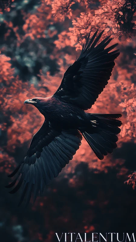 Dark eagle soars with wings fully spread over red forest