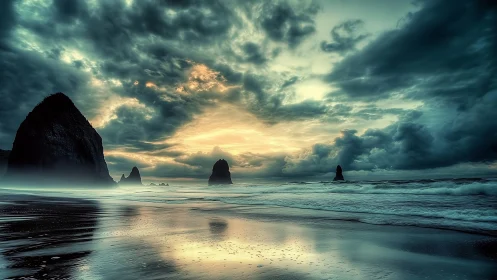 Storm-lit sea stacks under dramatic teal storm clouds at dusk.