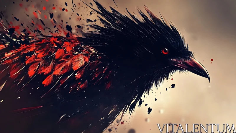Explosive raven portrait dissolves into crimson feathers.