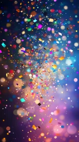 Iridescent confetti cascade over bokeh-lit twilight field.