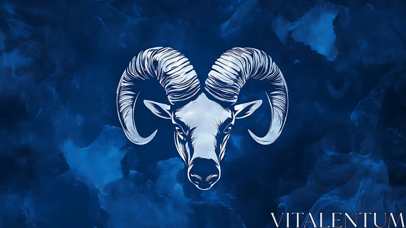 Celestial ram skull floats in midnight blue cosmic mist.