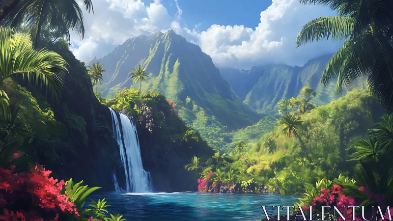 Tropical waterfall lagoon amid lush green mountain valley.