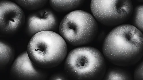 Monochrome close-up study of clustered apples with sheen.