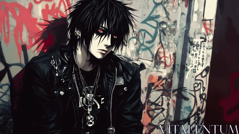 Chromatic goth portrait against urban graffiti substrate.