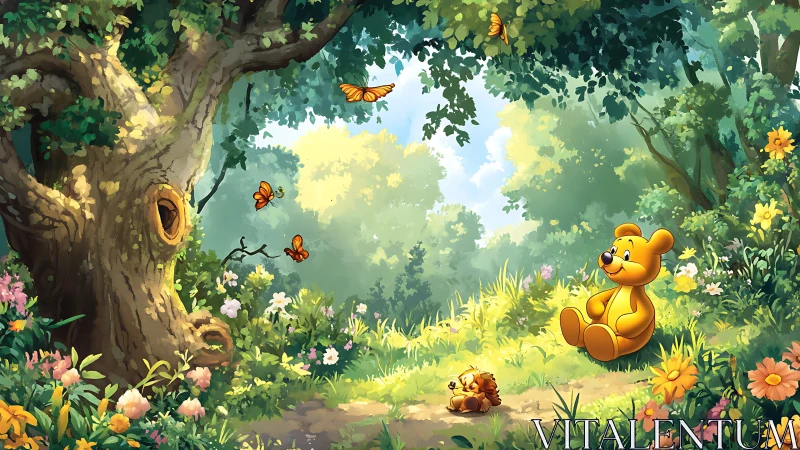 Toy bear under forest tree with butterflies and flowers.