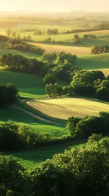 Golden evening sunlight rolls gently across green fields